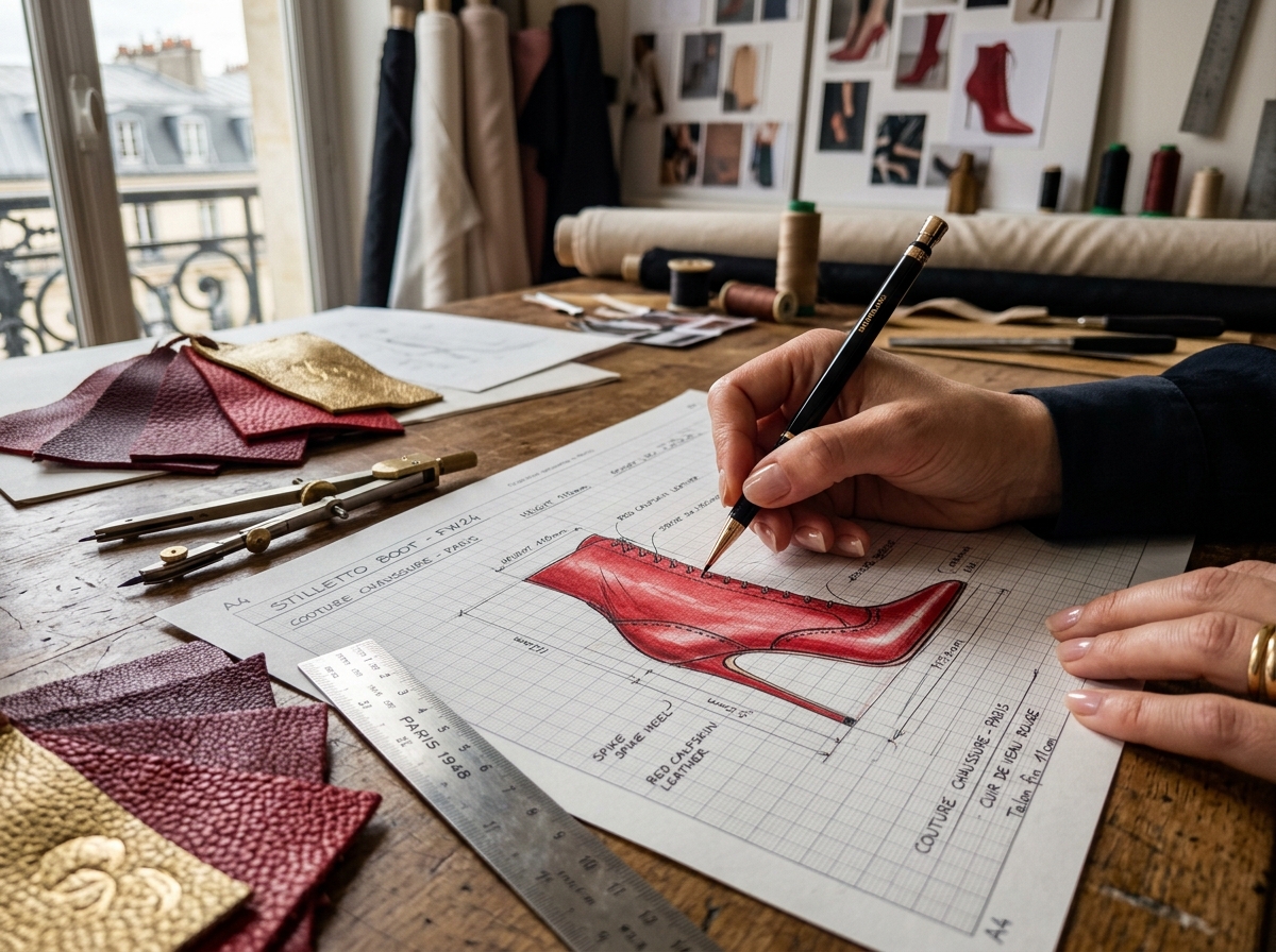 Red Stiletto Boot Sketch on Graph Paper by Footwear Designer